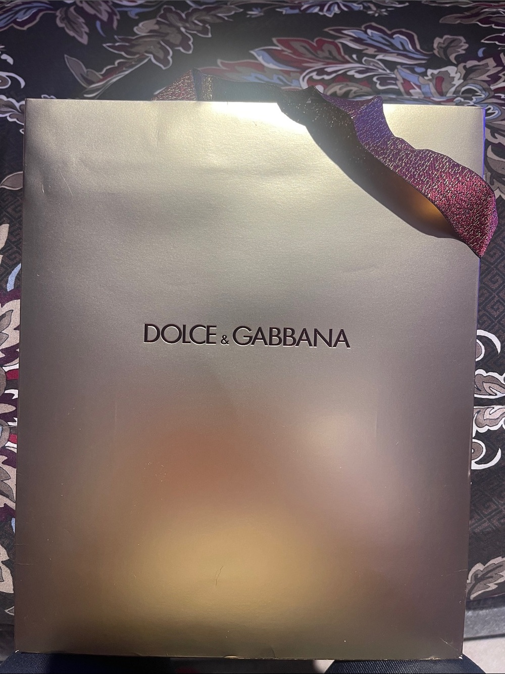 Dolce & Gabbana Metallic Gold Gift Bag with Purple Ribbon